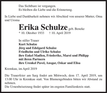 Traueranzeige von Erika Schulze (geb. Beneke)  von Magdeburger Volksstimme