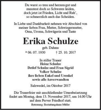 Traueranzeige von Erika Schulze (geb. Dahms)  von Magdeburger Volksstimme