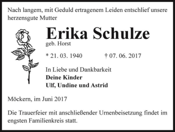 Traueranzeige von Erika Schulze (geb. Horst)  von Magdeburger Volksstimme