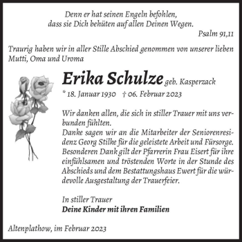 Traueranzeige von Erika Schulze (geb. Kasperzack)  von Magdeburger Volksstimme