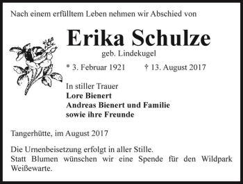 Traueranzeige von Erika Schulze (geb. Lindekugel)  von Magdeburger Volksstimme