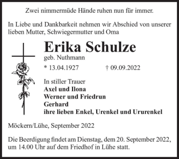 Traueranzeige von Erika Schulze (geb. Nuthmann)  von Magdeburger Volksstimme