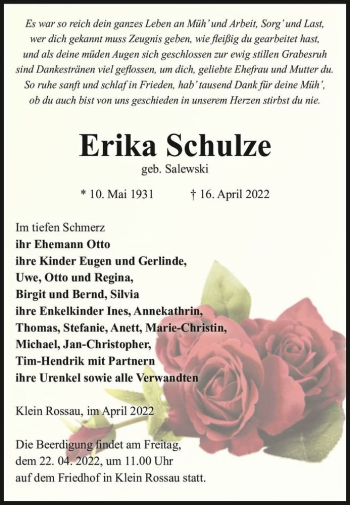 Traueranzeige von Erika Schulze (geb. Salewski)  von Magdeburger Volksstimme