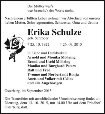 Traueranzeige von Erika Schulze (geb. Schröder)  von Magdeburger Volksstimme