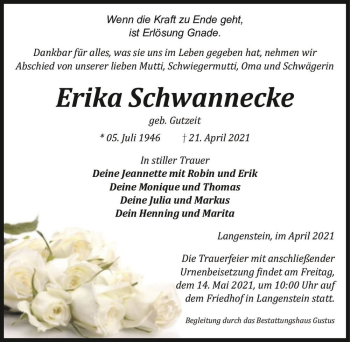 Traueranzeige von Erika Schwannecke (geb. Gutzeit)  von Magdeburger Volksstimme