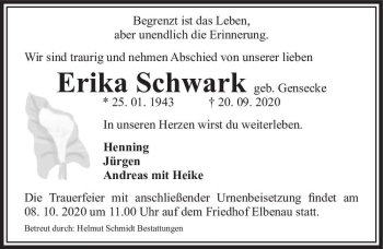 Traueranzeige von Erika Schwark (geb. Gensecke)  von Magdeburger Volksstimme