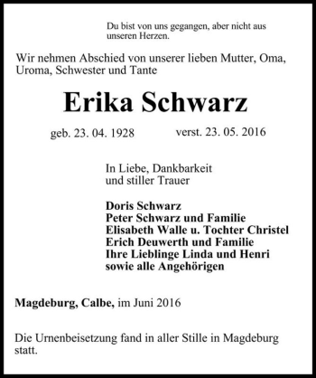 Traueranzeige von Erika Schwarz  von Magdeburger Volksstimme