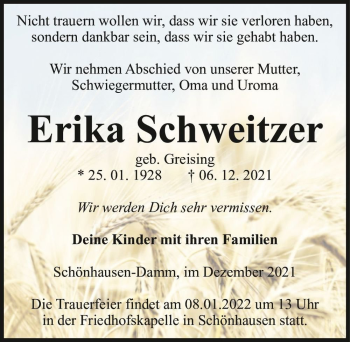Traueranzeige von Erika Schweitzer (geb. Greising)  von Magdeburger Volksstimme