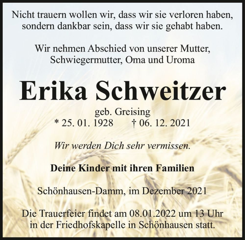  Traueranzeige für Erika Schweitzer (geb. Greising)  vom 17.12.2021 aus Magdeburger Volksstimme