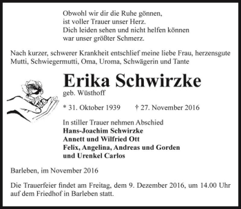 Traueranzeige von Erika Schwirzke (geb. Wüsthoff)  von Magdeburger Volksstimme