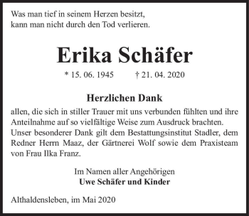 Traueranzeige von Erika Schäfer  von Magdeburger Volksstimme
