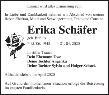 Traueranzeige von Erika Schäfer (geb. Bublitz)  von Magdeburger Volksstimme