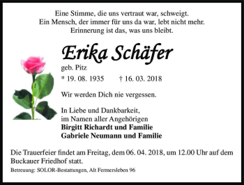 Traueranzeige von Erika Schäfer (geb. Pitz)  von Magdeburger Volksstimme