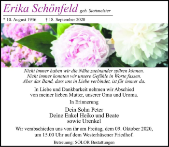 Traueranzeige von Erika Schönfeld (geb. Stottmeister)  von Magdeburger Volksstimme