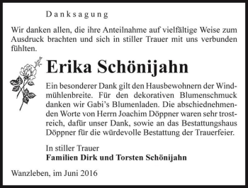 Traueranzeige von Erika Schönijahn  von Magdeburger Volksstimme