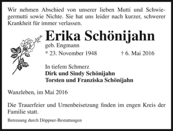 Traueranzeige von Erika Schönijahn (geb. Engmann)  von Magdeburger Volksstimme