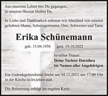 Traueranzeige von Erika Schünemann  von Magdeburger Volksstimme