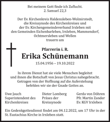 Traueranzeige von Erika Schünemann  von Magdeburger Volksstimme