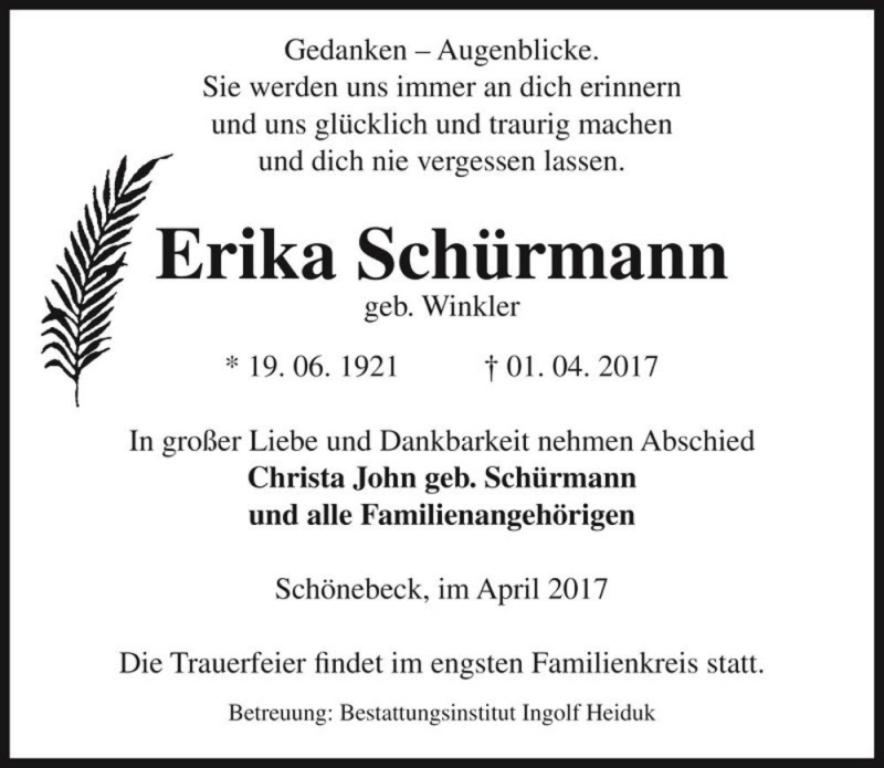  Traueranzeige für Erika Schürmann (geb. Winkler)  vom 05.04.2017 aus Magdeburger Volksstimme