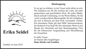 Traueranzeige von Erika Seidel  von Magdeburger Volksstimme