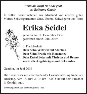 Traueranzeige von Erika Seidel  von Magdeburger Volksstimme