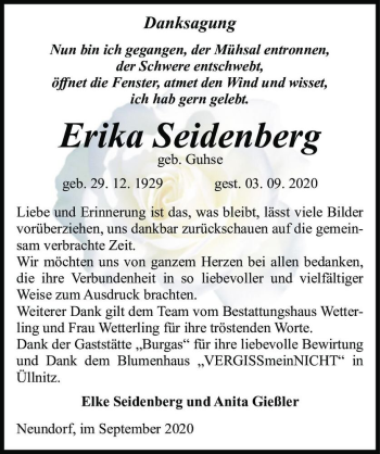 Traueranzeige von Erika Seidenberg (geb. Guhse)  von Magdeburger Volksstimme