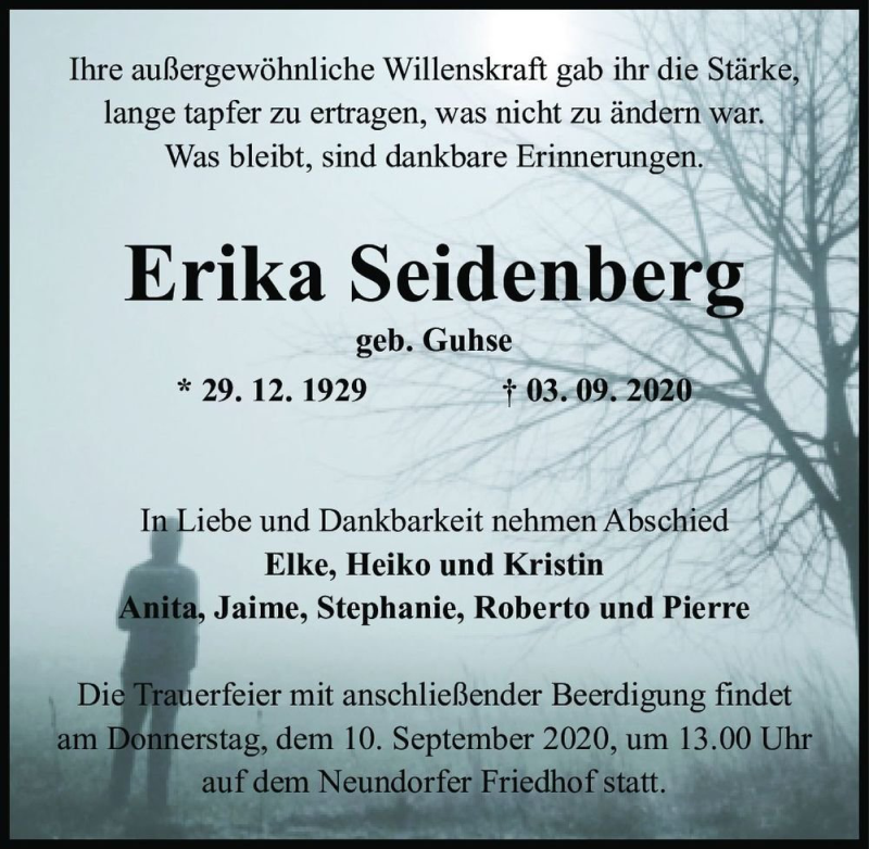  Traueranzeige für Erika Seidenberg (geb. Guhse)  vom 08.09.2020 aus Magdeburger Volksstimme