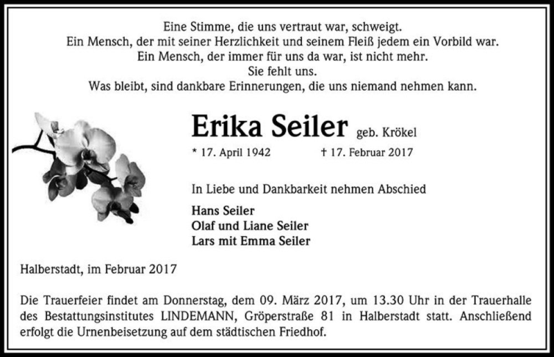  Traueranzeige für Erika Seiler (geb. Krökel)  vom 25.02.2017 aus Magdeburger Volksstimme