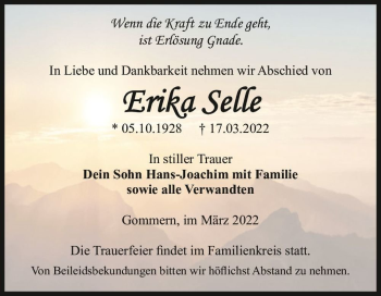 Traueranzeige von Erika Selle  von Magdeburger Volksstimme