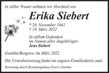 Traueranzeige von Erika Siebert  von Magdeburger Volksstimme