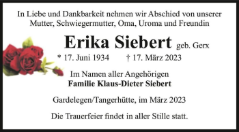 Traueranzeige von Erika Siebert (geb. Gerx)  von Magdeburger Volksstimme