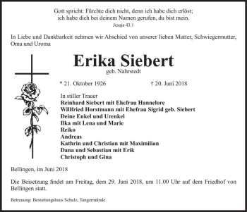 Traueranzeige von Erika Siebert (geb. Nahrstedt)  von Magdeburger Volksstimme
