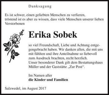 Traueranzeige von Erika Sobek  von Magdeburger Volksstimme