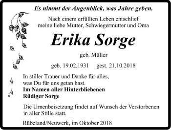 Traueranzeige von Erika Sorge (geb. Müller)  von Magdeburger Volksstimme
