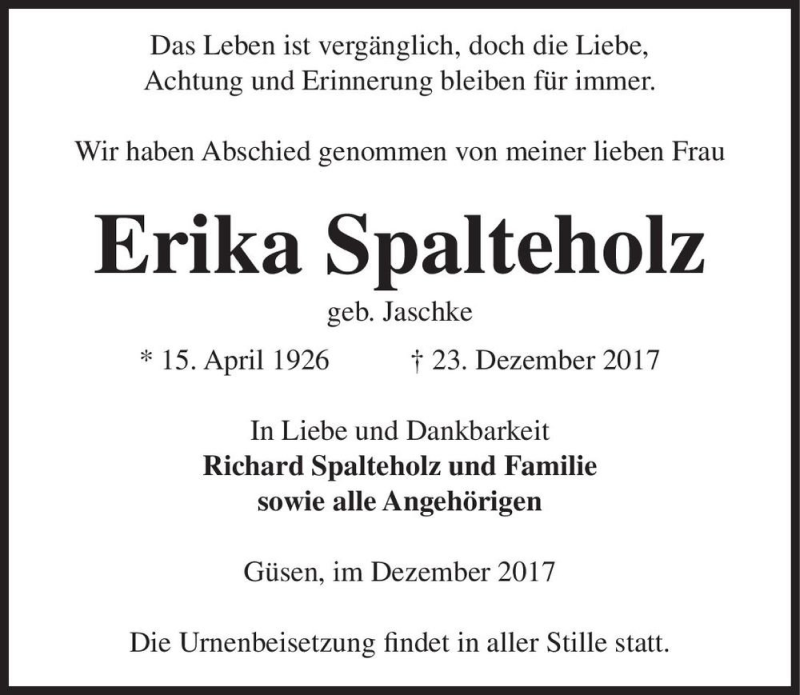  Traueranzeige für Erika Spalteholz (geb. Jaschke)  vom 05.01.2018 aus Magdeburger Volksstimme