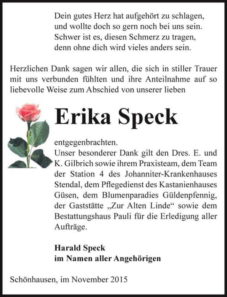 Traueranzeige für Erika Speck  vom 14.11.2015 aus Magdeburger Volksstimme