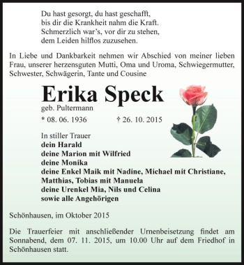Traueranzeige von Erika Speck (geb. Pultermann)  von Magdeburger Volksstimme
