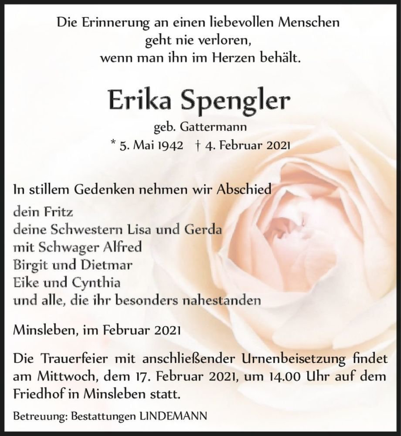  Traueranzeige für Erika Spengler (geb. Gattermann)  vom 06.02.2021 aus Magdeburger Volksstimme