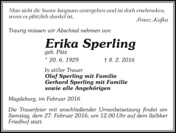 Traueranzeige von Erika Sperling (geb. Pätz)  von Magdeburger Volksstimme