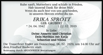 Traueranzeige von Erika Sprott (geb. Grubert)  von Magdeburger Volksstimme