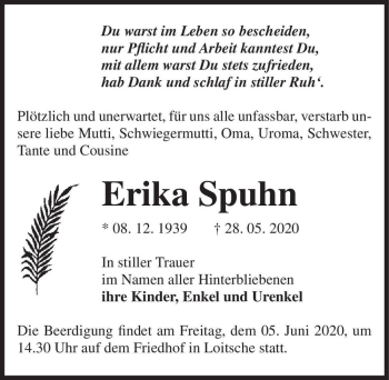 Traueranzeige von Erika Spuhn  von Magdeburger Volksstimme