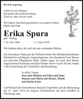 Traueranzeige von Erika Spura (geb. Viering)  von Magdeburger Volksstimme