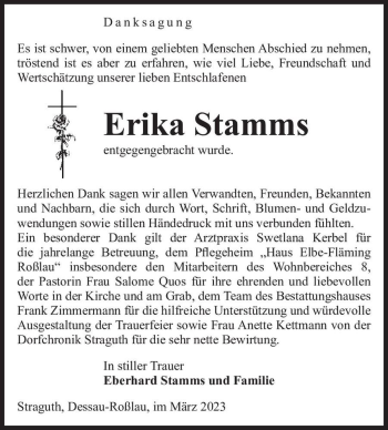 Traueranzeige von Erika Stamms  von Magdeburger Volksstimme