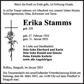 Traueranzeige von Erika Stamms (geb. Elb)  von Magdeburger Volksstimme