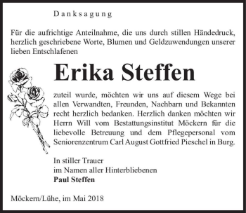 Traueranzeige von Erika Steffen  von Magdeburger Volksstimme