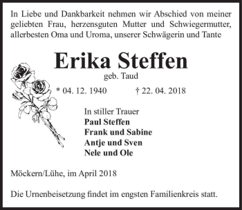 Traueranzeige von Erika Steffen (geb. Taud)  von Magdeburger Volksstimme