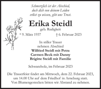 Traueranzeige von Erika Steidl (geb. Rudigkeit)  von Magdeburger Volksstimme