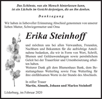 Traueranzeige von Erika Steinhoff  von Magdeburger Volksstimme