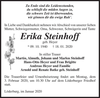Traueranzeige von Erika Steinhoff (geb. Heyer)  von Magdeburger Volksstimme