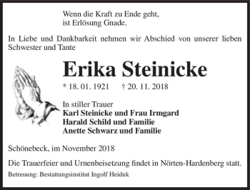 Traueranzeige von Erika Steinicke  von Magdeburger Volksstimme